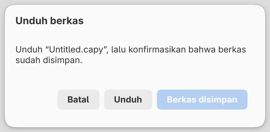 Dialog Unduh berkas dengan Batal, Unduh, dan Berkas disimpan.