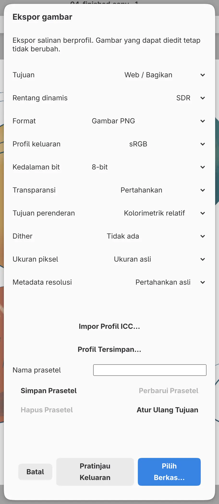 Dialog Ekspor gambar dengan Tujuan disetel ke Web / Bagikan.