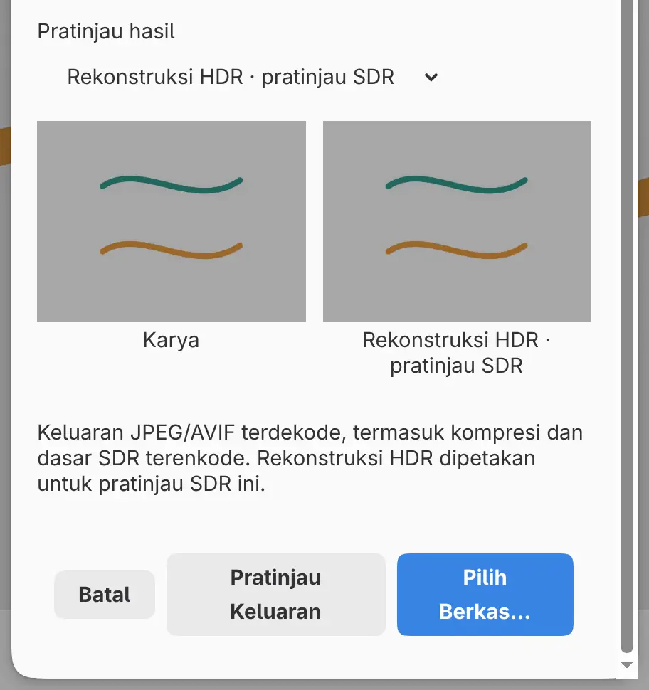 Dialog Ekspor gambar untuk gambar HDR dengan HDR JPEG · peta penguatan, setelah Pratinjau Keluaran.