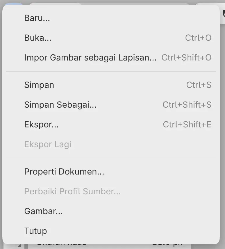 Menu Berkas dengan Baru…, Buka…, Simpan, Simpan Sebagai…, dan Ekspor….