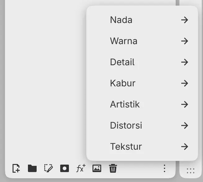 Menu Tambahkan filter yang dibuka dari bagian bawah panel Lapisan.