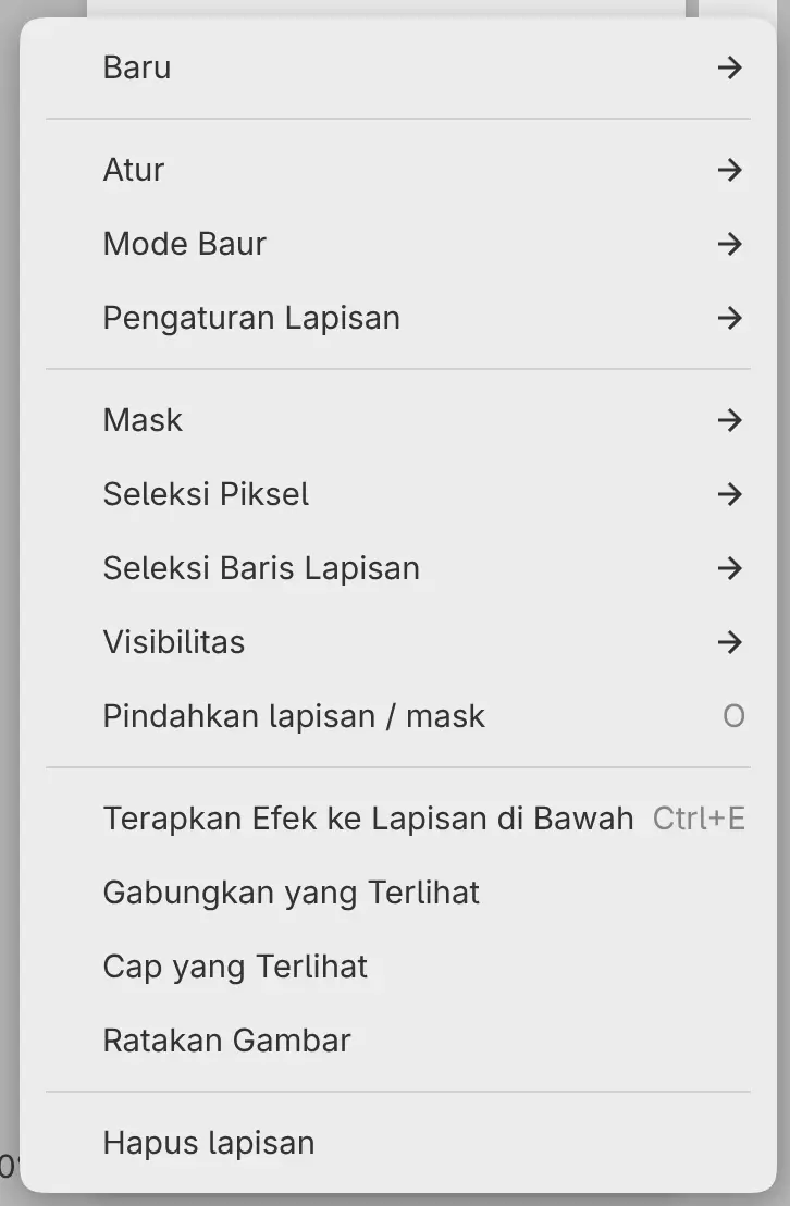 Menu lapisan sebuah filter dengan Terapkan Efek ke Lapisan di Bawah.
