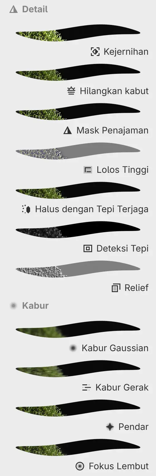 Panel Filter yang menampilkan kategori Detail dan Kabur dengan pratinjau setiap filter.