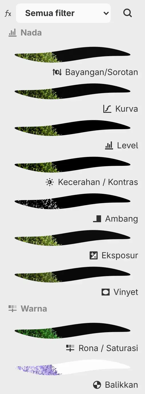 Panel Filter dengan menu kategori, tombol pencarian, dan baris filter beserta pratinjaunya.