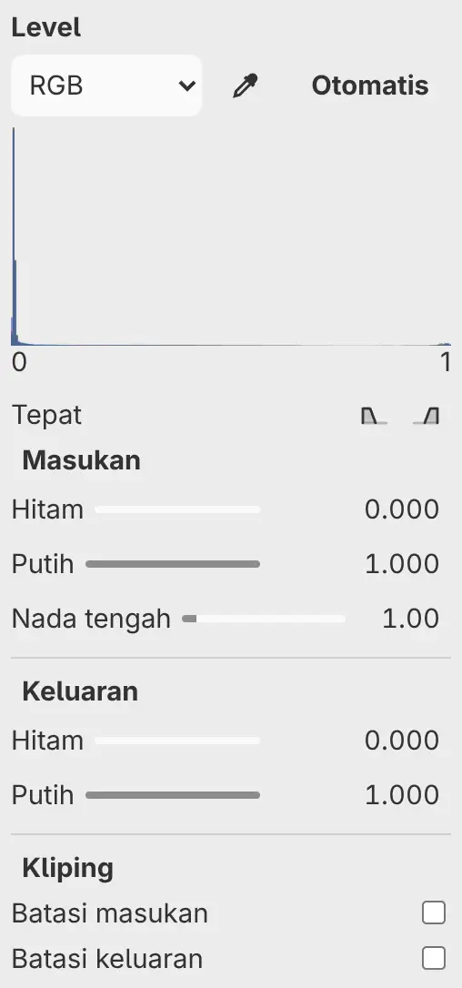 Panel Properti untuk Level dengan histogram, Otomatis, Ambil sampel titik, serta pengaturan Masukan, Keluaran, dan Kliping.