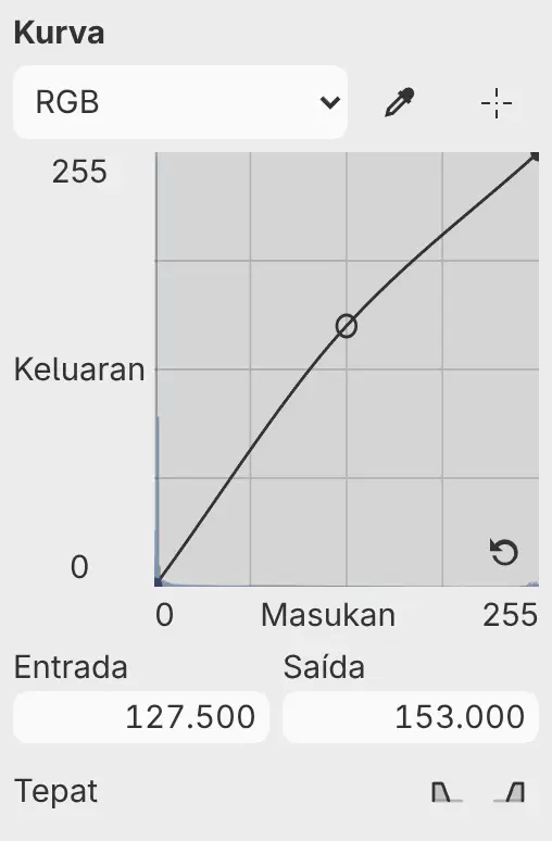 Panel Properti untuk Kurva dengan menu halaman, Ambil sampel titik, Penyesuaian terarah, dan grafik kurva.