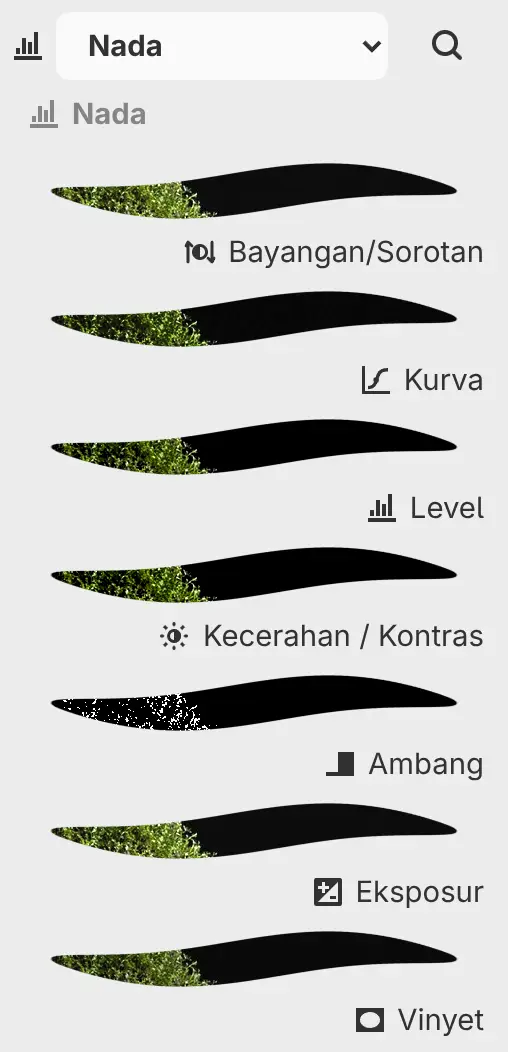 Panel Filter yang menampilkan kategori Nada dengan pratinjau setiap filter.