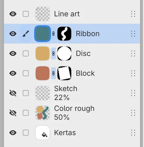 Panel Lapisan dengan Ribbon, Disc, dan Block, masing-masing dengan gambar mini mask, di bawah Line art.
