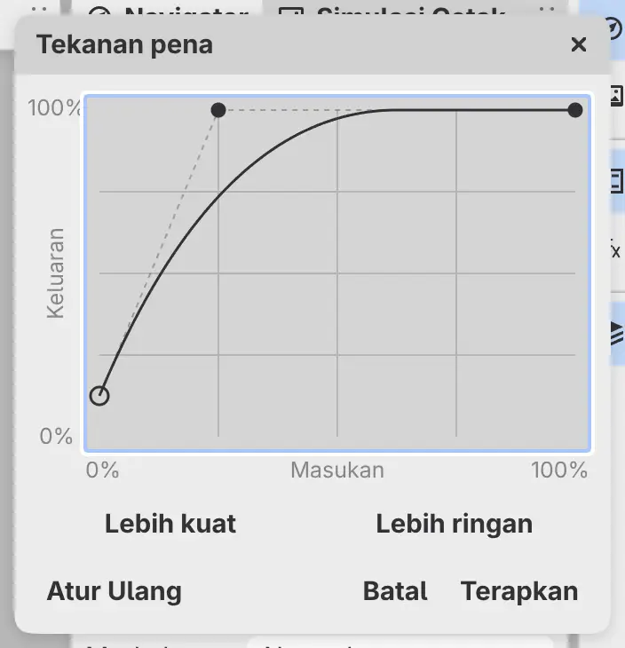 Dialog Tekanan pena dengan kurva dan penanda tekanan langsung.
