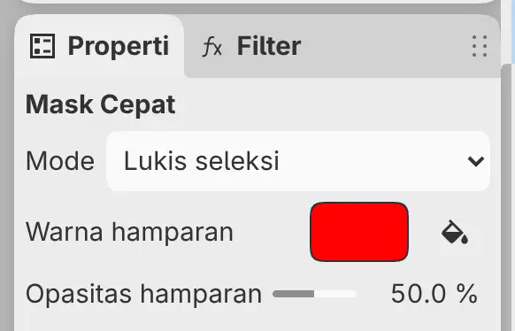 Panel Properti untuk Mask Cepat, dengan Mode, Warna hamparan, dan Opasitas hamparan.