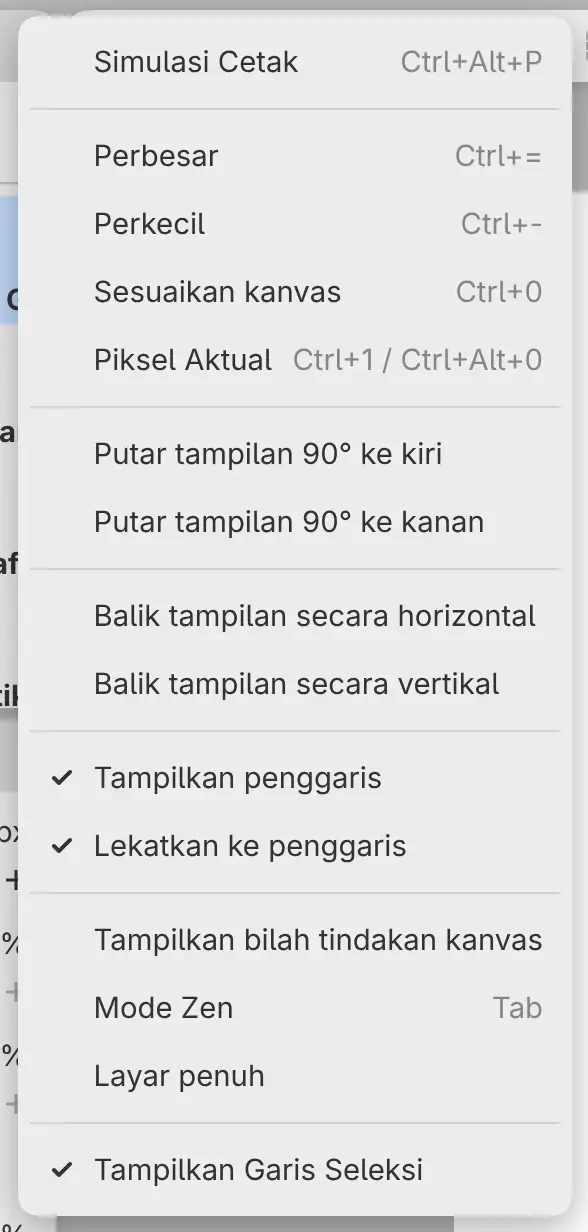 Menu Tampilan dengan perintah zum, putar, dan balik.