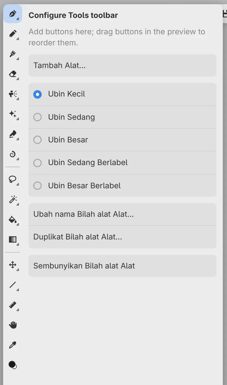 Bilah alat Alat dengan kolom pengaturannya.