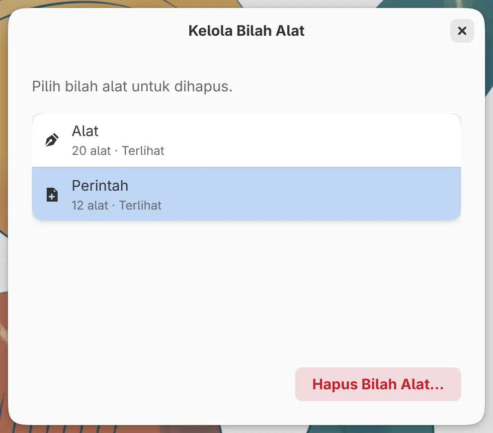 Dialog Kelola Bilah Alat dengan satu bilah alat dipilih.