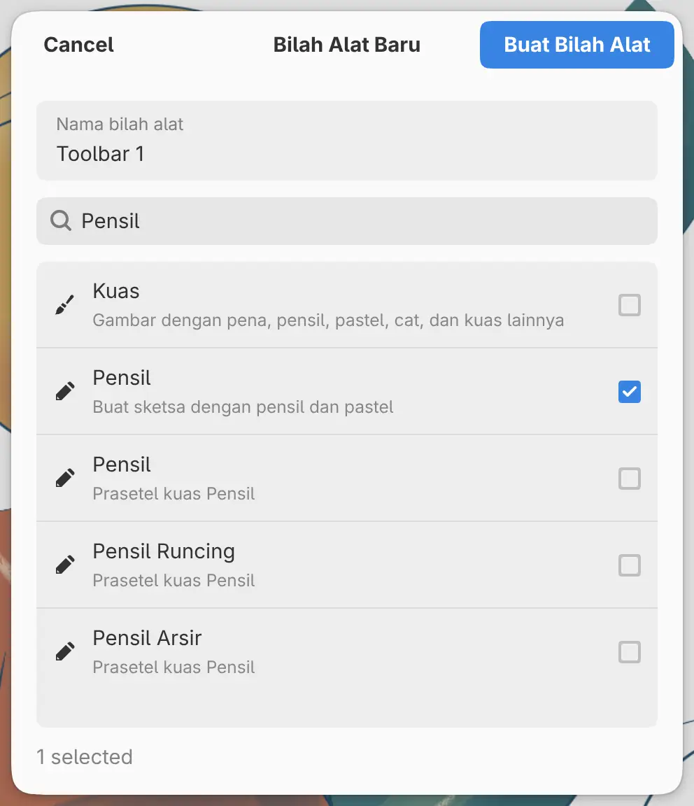 Dialog Bilah Alat Baru dengan satu alat dipilih.