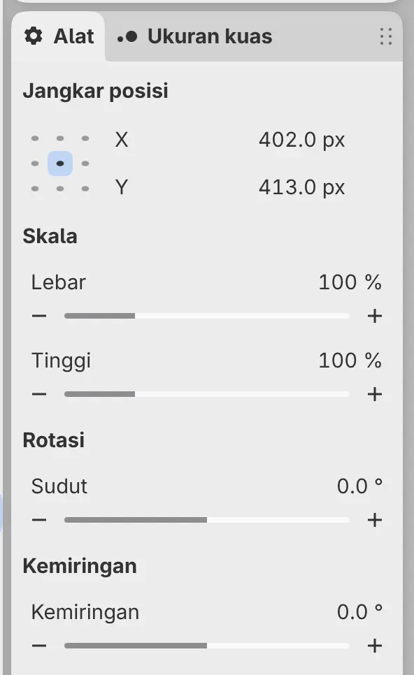 Panel Alat selama transformasi, dengan Jangkar posisi, Skala, Rotasi, dan Kemiringan.