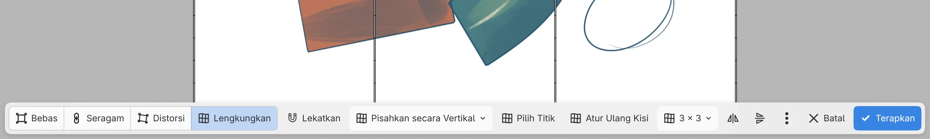 Bilah kanvas dalam mode Lengkungkan, dengan Pisahkan Kisi, Pilih Titik, Atur Ulang Kisi, dan Kisi.