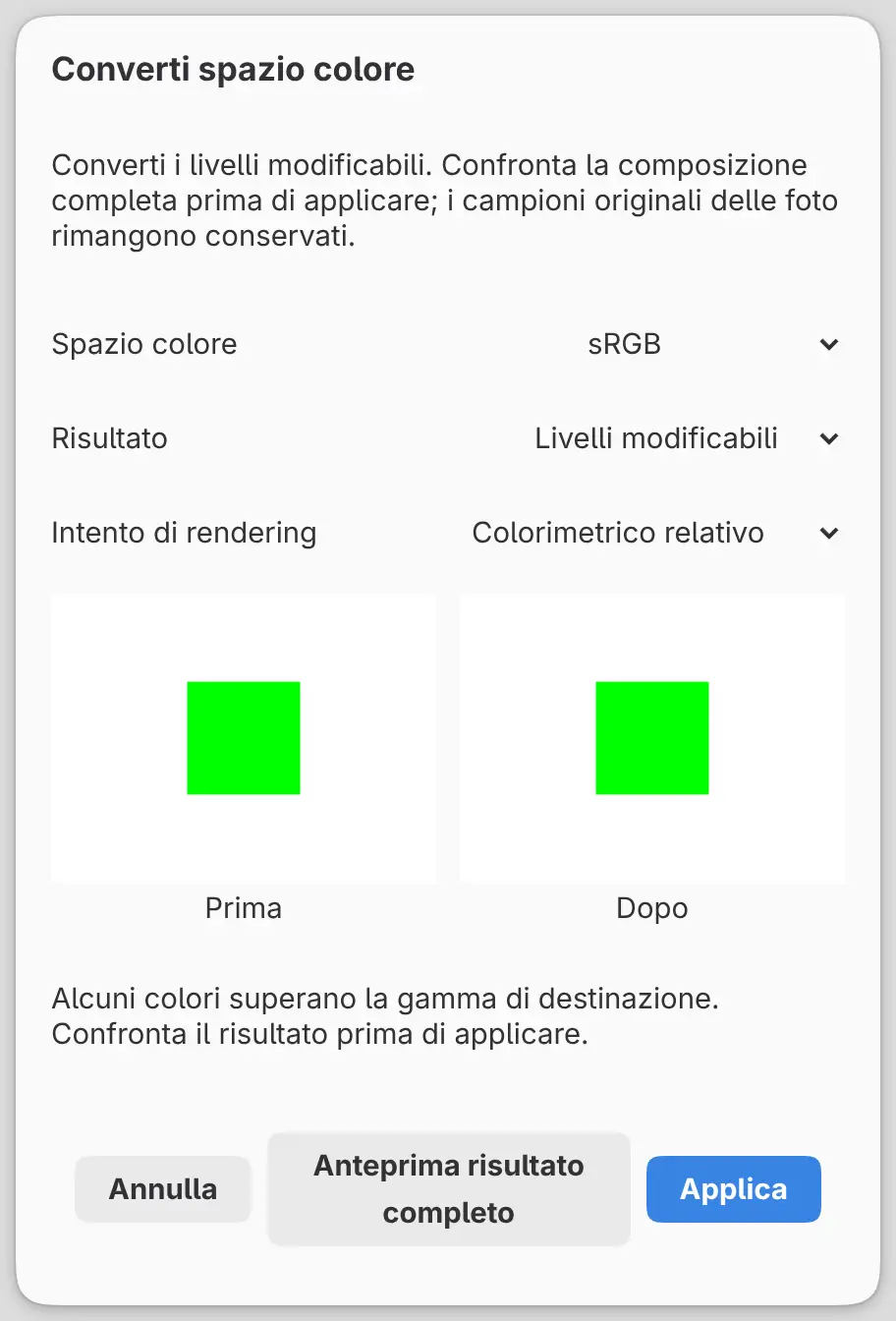 La finestra di dialogo Converti spazio colore con il confronto Prima e Dopo e il messaggio sul gamut.