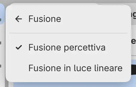 Il menu Modifica con il sottomenu Fusione aperto e Fusione percettiva selezionata.