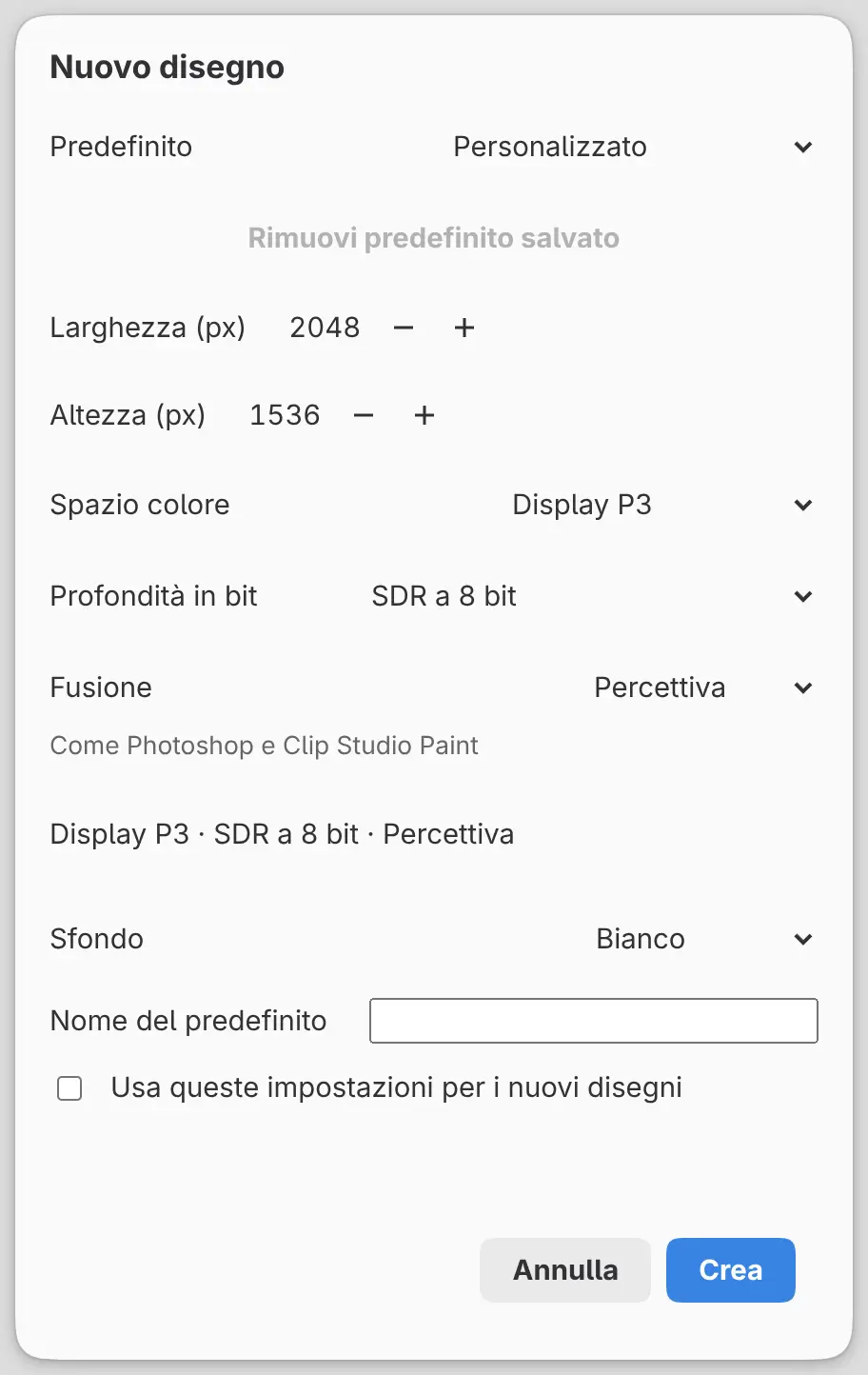 La finestra di dialogo Nuovo disegno con Spazio colore impostato su Display P3, Profondità in bit, Fusione e la riga di riepilogo.