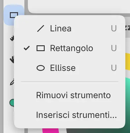 Il menu del pulsante Forma nella barra strumenti Strumenti di Pittura, con Linea, Rettangolo ed Ellisse.