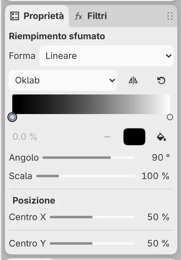 Il pannello Proprietà per un livello Riempimento sfumato con Forma, l’editor dei punti, Angolo, Scala e Posizione.