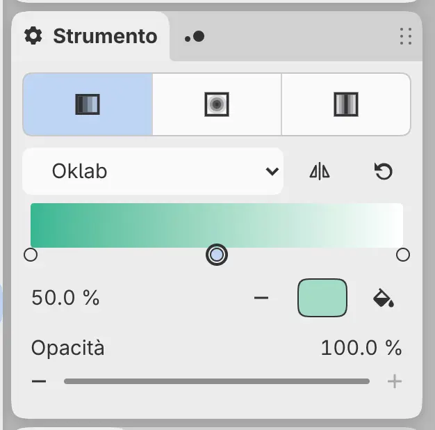 Il pannello Strumento per lo strumento Sfumatura con la riga Forma, l’editor dei punti e Opacità.