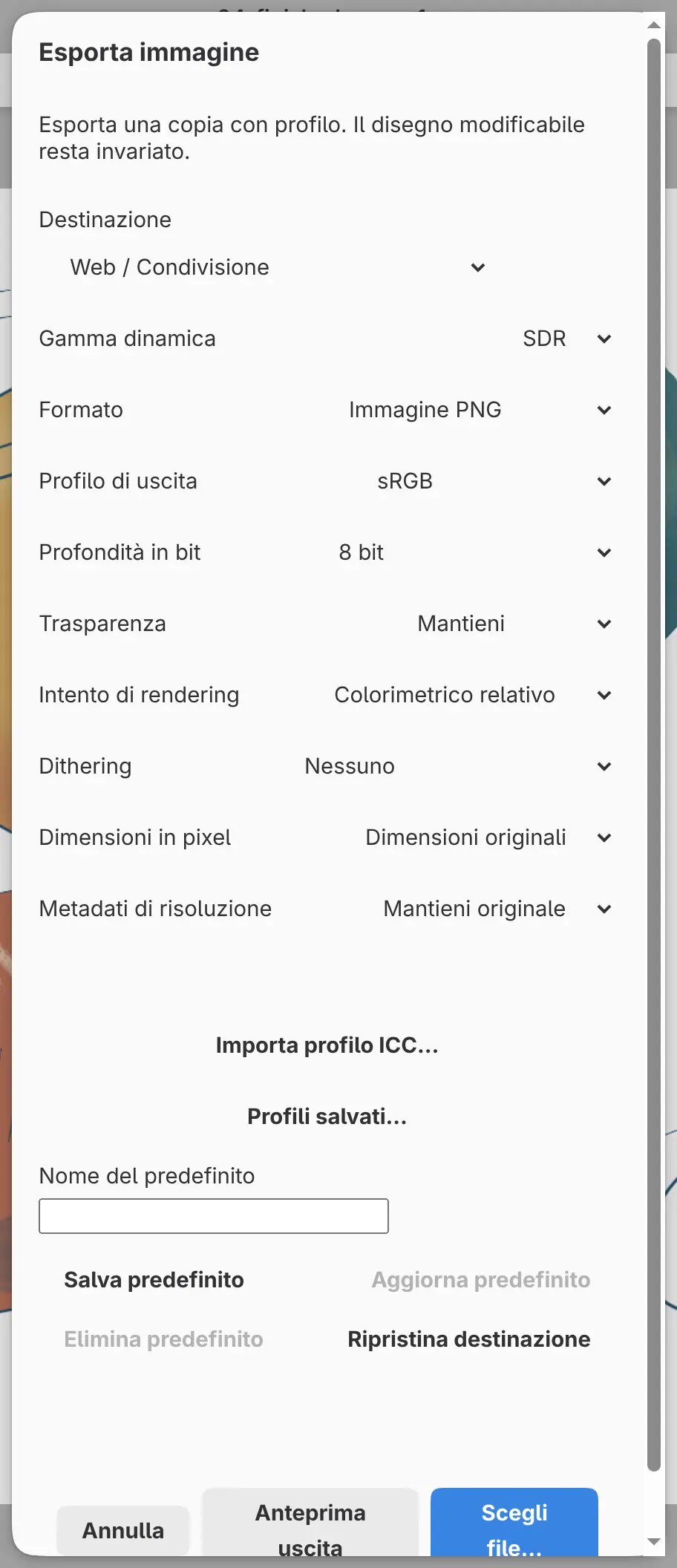 La finestra di dialogo Esporta immagine con Destinazione impostata su Web / Condivisione.