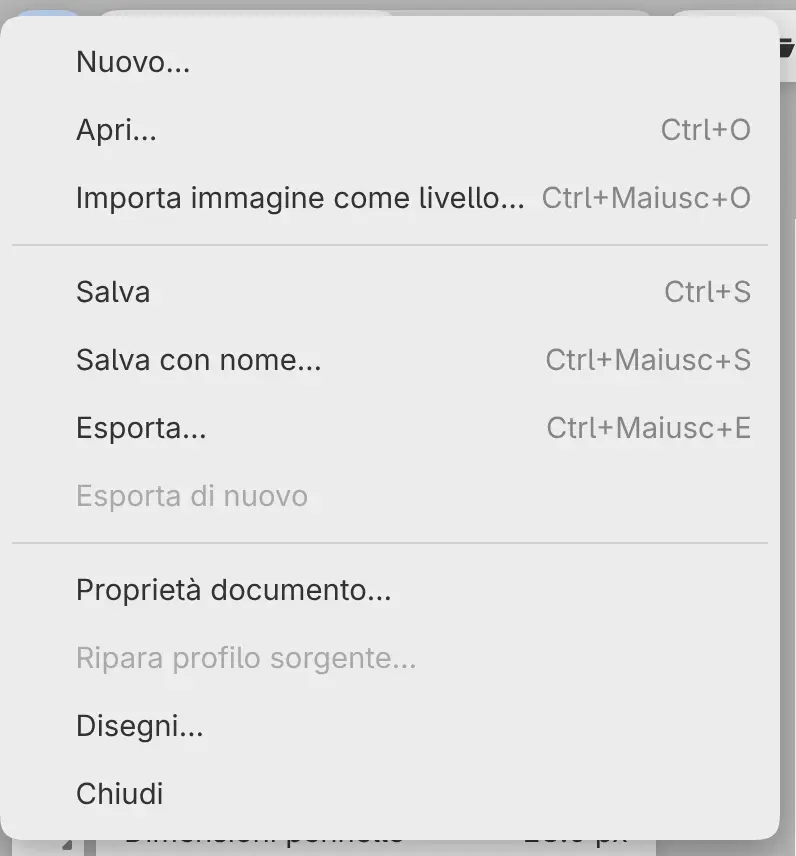 Il menu File con Nuovo…, Apri…, Salva, Salva con nome… ed Esporta….