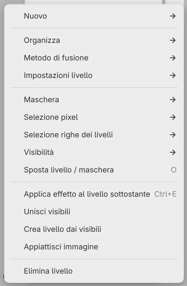 Il menu del livello di un filtro con Applica effetto al livello sottostante.