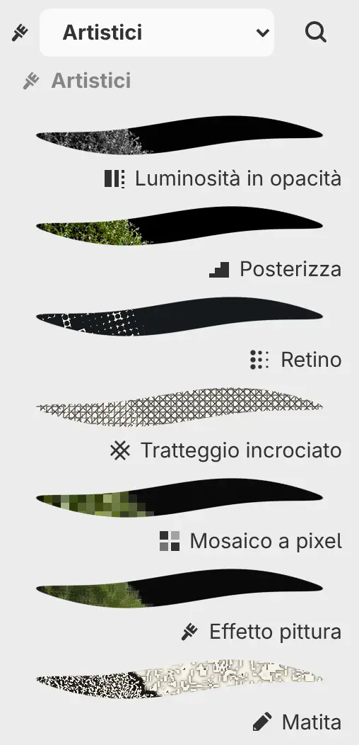 Il pannello Filtri con la categoria Artistici e un’anteprima di ogni filtro.