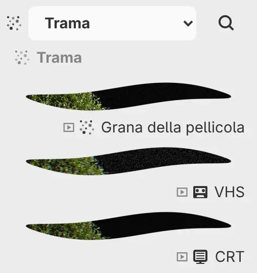 Il pannello Filtri con la categoria Trama e un’anteprima di ogni filtro.