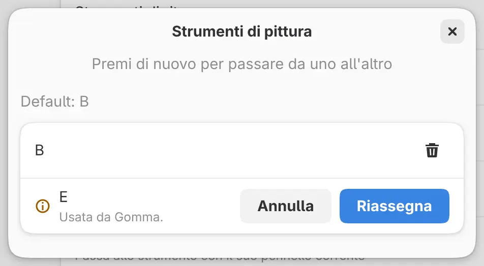L’editor delle scorciatoie che propone di riassegnare un tasto usato da un altro comando.
