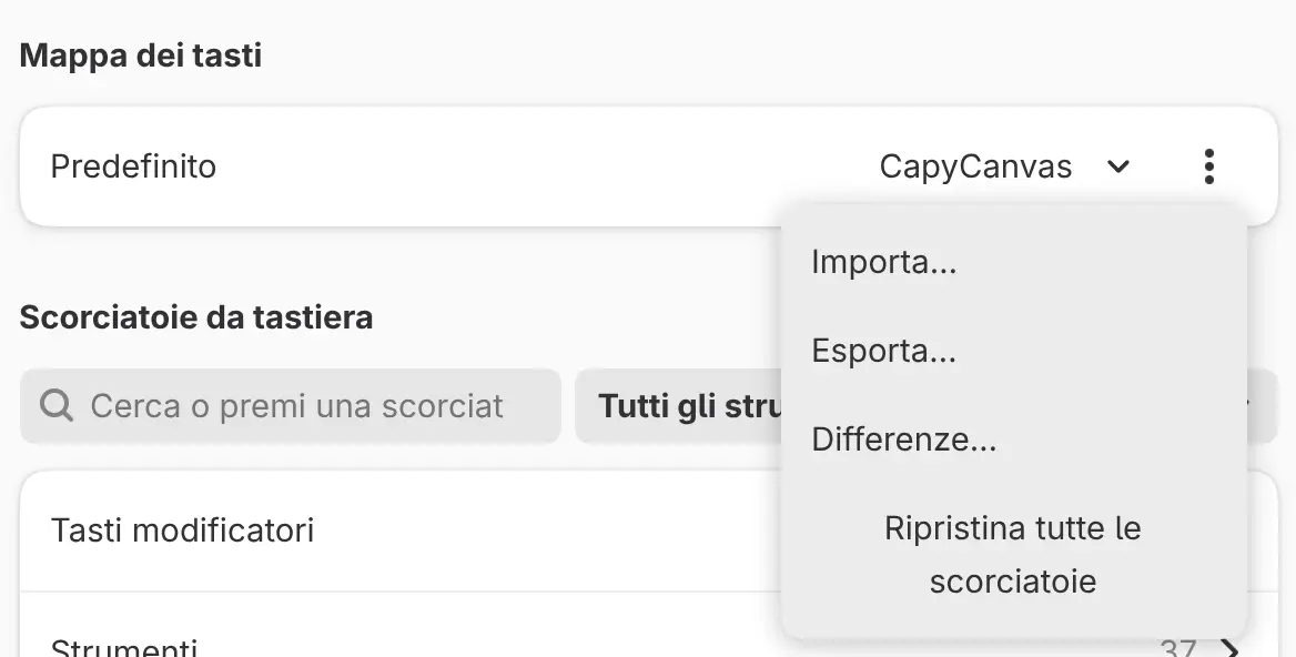 Il menu Opzioni mappa dei tasti.