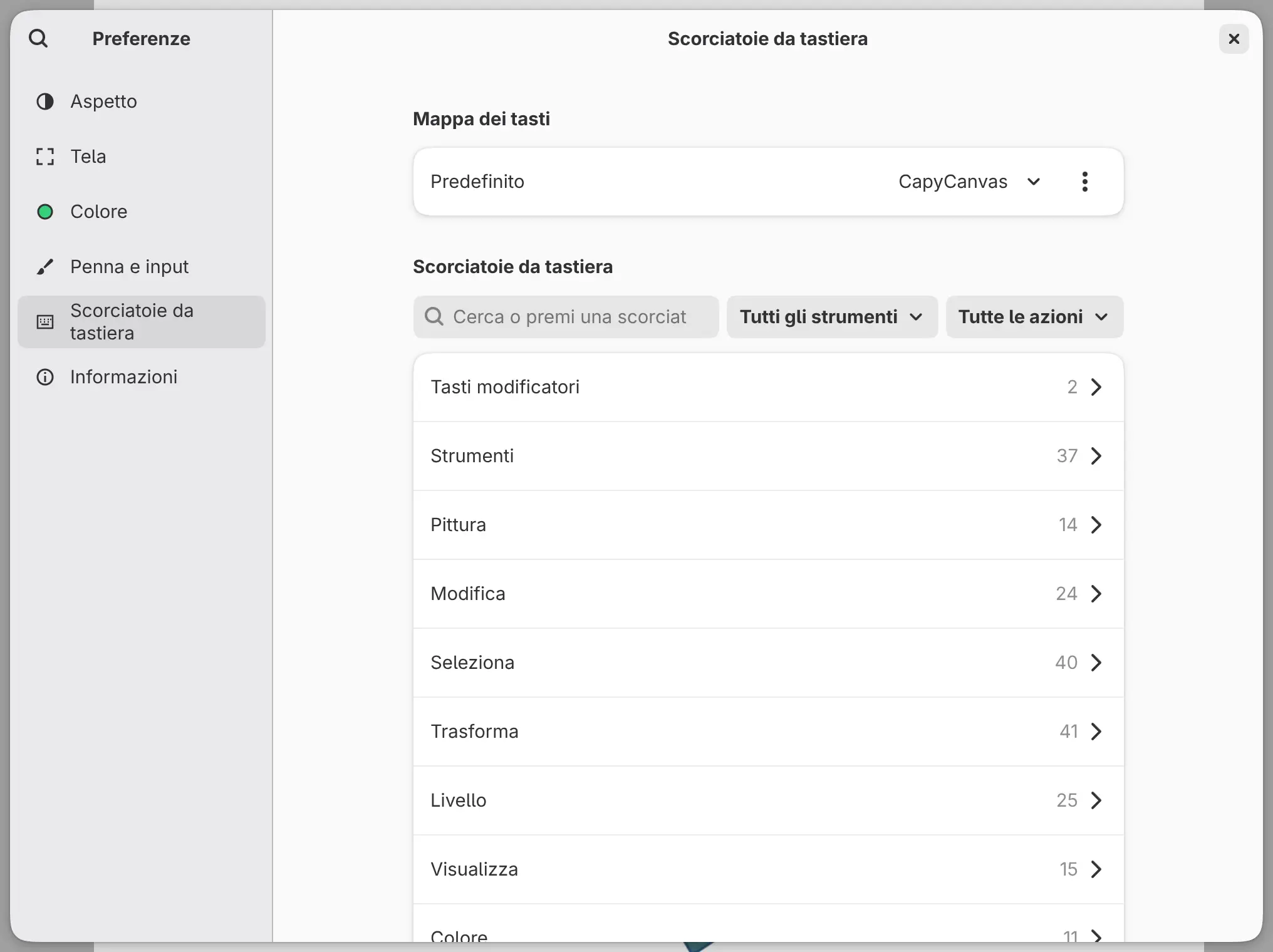 La pagina Scorciatoie da tastiera con il gruppo Mappa dei tasti e le categorie.