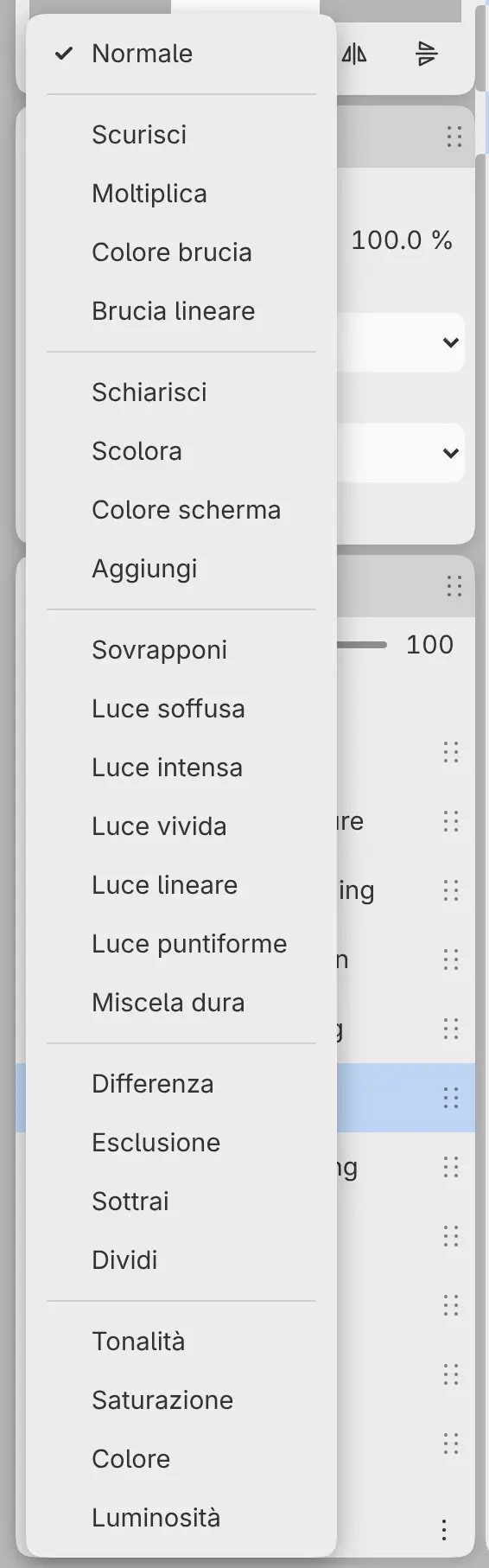 Il menu dei metodi di fusione aperto sopra il pannello Livelli, con Normale spuntato.