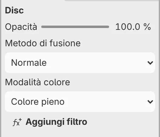 Il pannello Proprietà di un livello di pittura con Opacità, Metodo di fusione e Modalità colore.