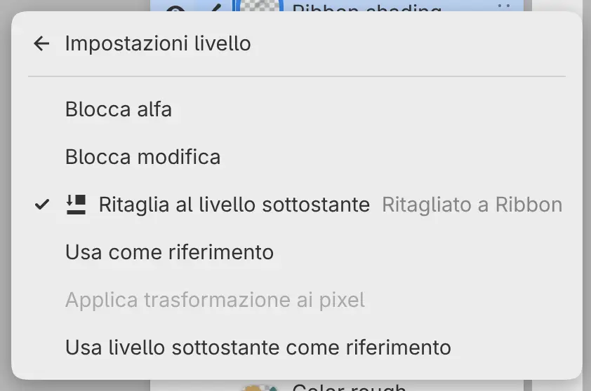 Il sottomenu Impostazioni livello di Ribbon shading, con Ritaglia al livello sottostante spuntato e «Ritagliato a Ribbon» a destra.