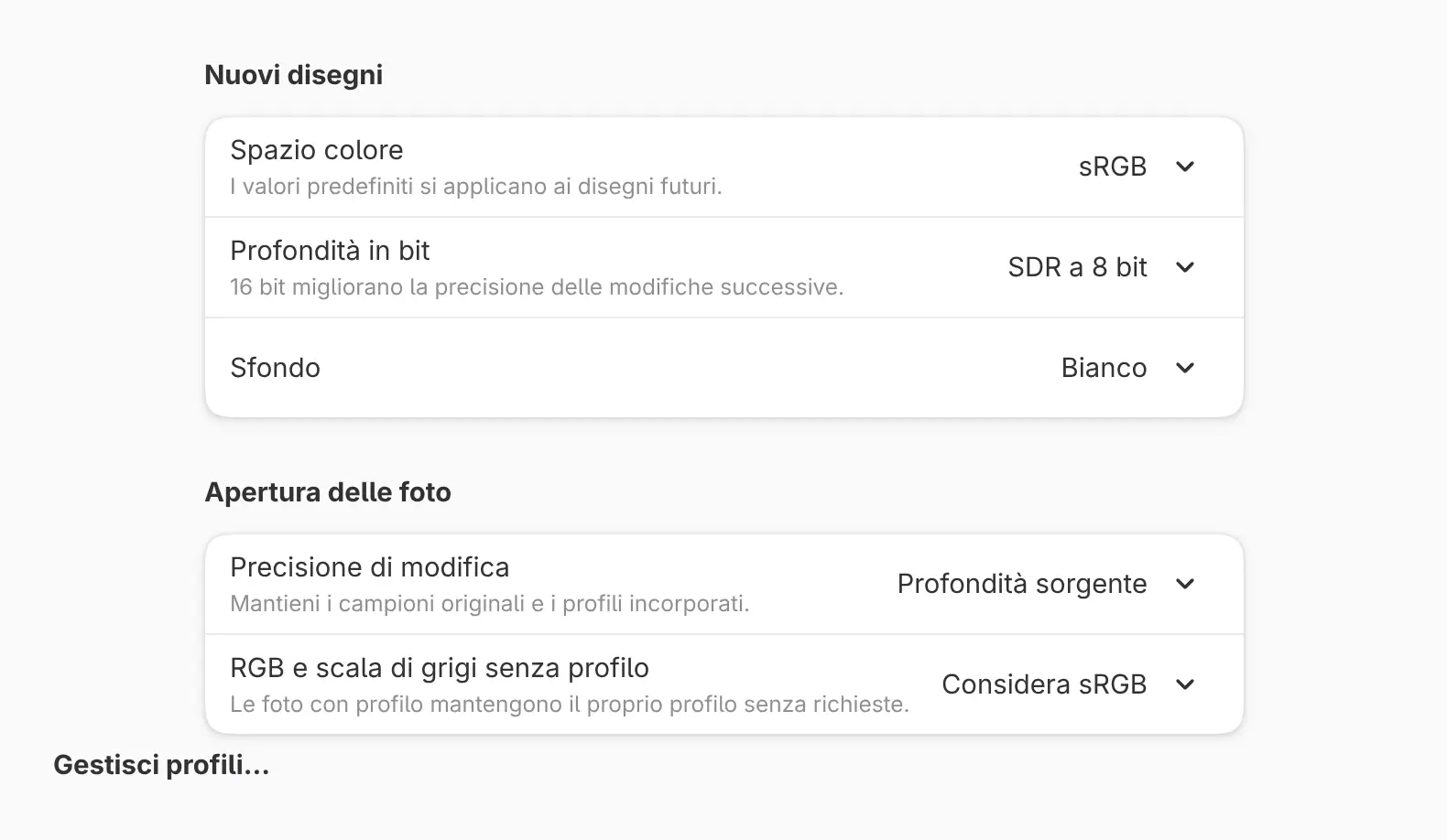 La pagina Colore delle Preferenze.