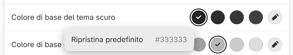 Il menu Ripristina predefinito dell’impostazione Colore di base del tema scuro.