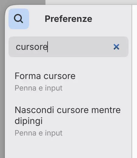 I risultati della ricerca di «cursor» nella barra laterale delle Preferenze.