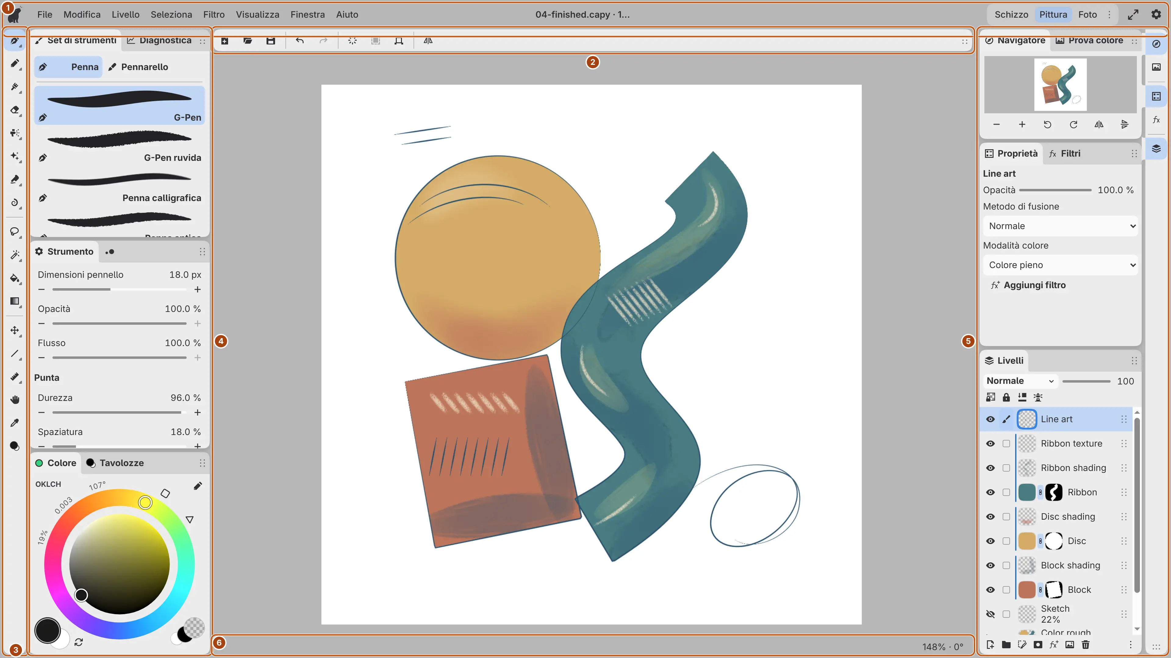 L’area di lavoro Pittura con l’esempio di illustrazione sulla tela.