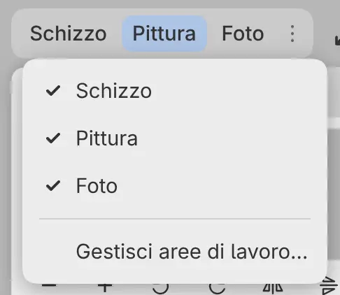Il menu Opzioni area di lavoro con una casella di controllo per ogni area di lavoro e Gestisci aree di lavoro….