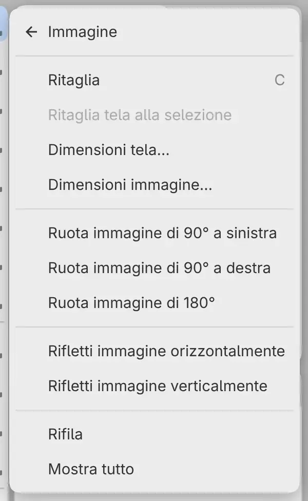 Il sottomenu Immagine del menu Modifica.
