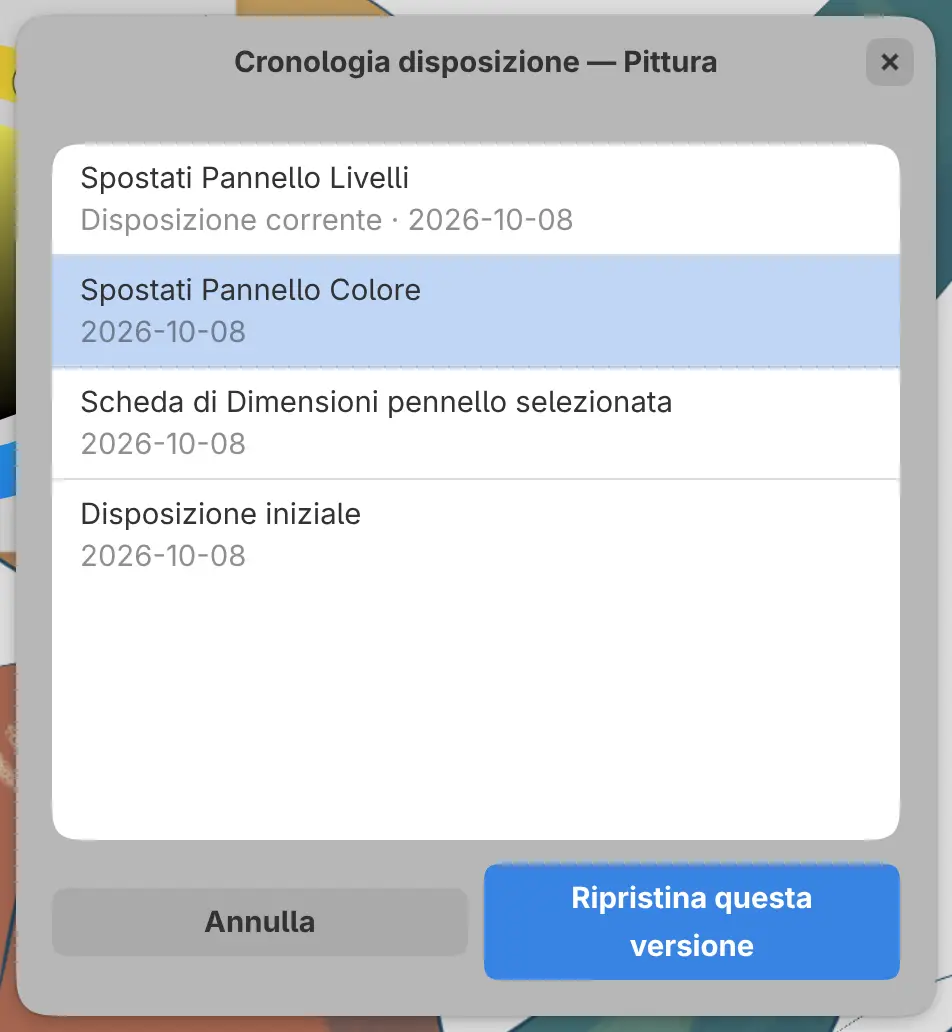 La finestra di dialogo Cronologia disposizione con alcune modifiche elencate.