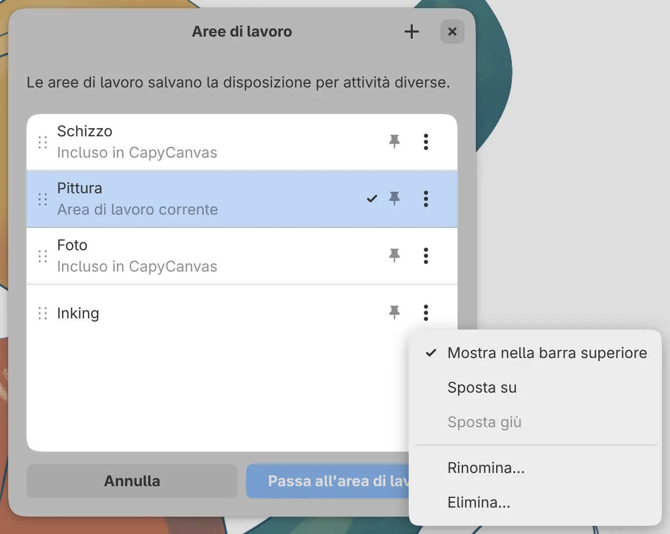 La finestra di dialogo Aree di lavoro con le opzioni di un’area di lavoro aperte.