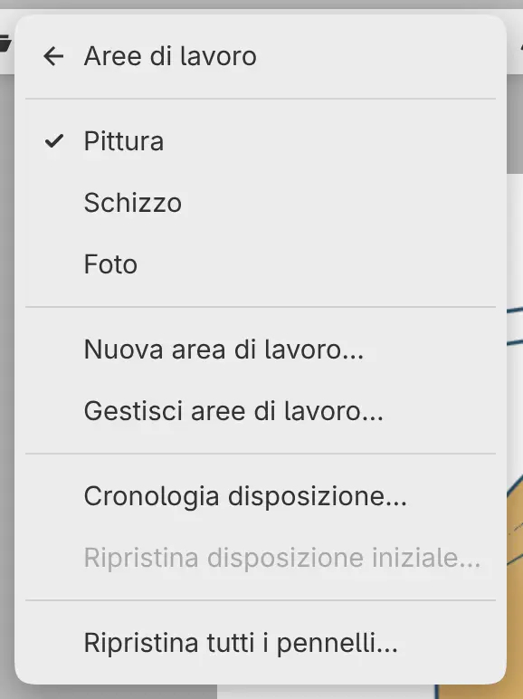 Il sottomenu Aree di lavoro del menu Finestra.