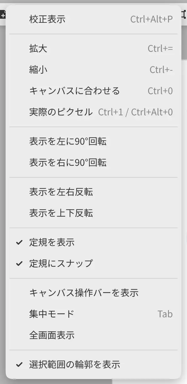 ズーム、回転、反転のコマンドがある「表示」メニュー。