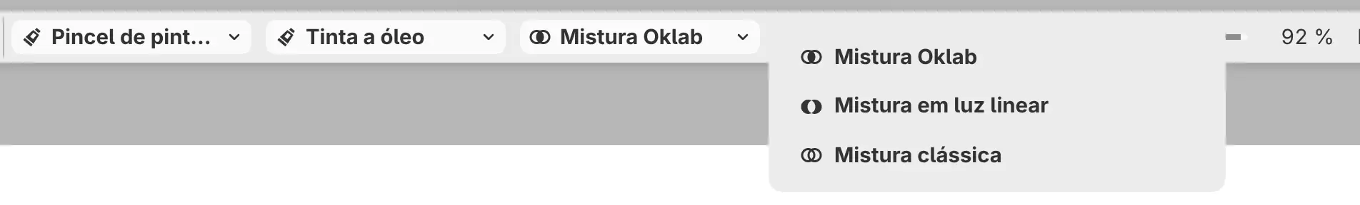 O menu Mistura de cores aberto na barra Opções da ferramenta para Óleo carregado.