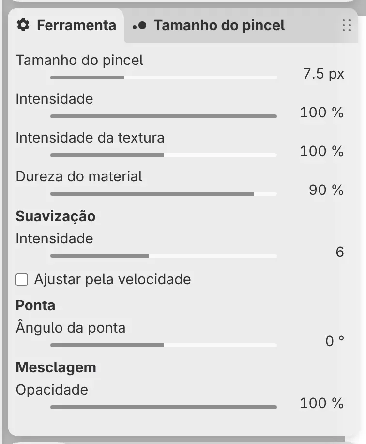 Os controles principais e os ajustes de Material de um pincel de mídia seca.