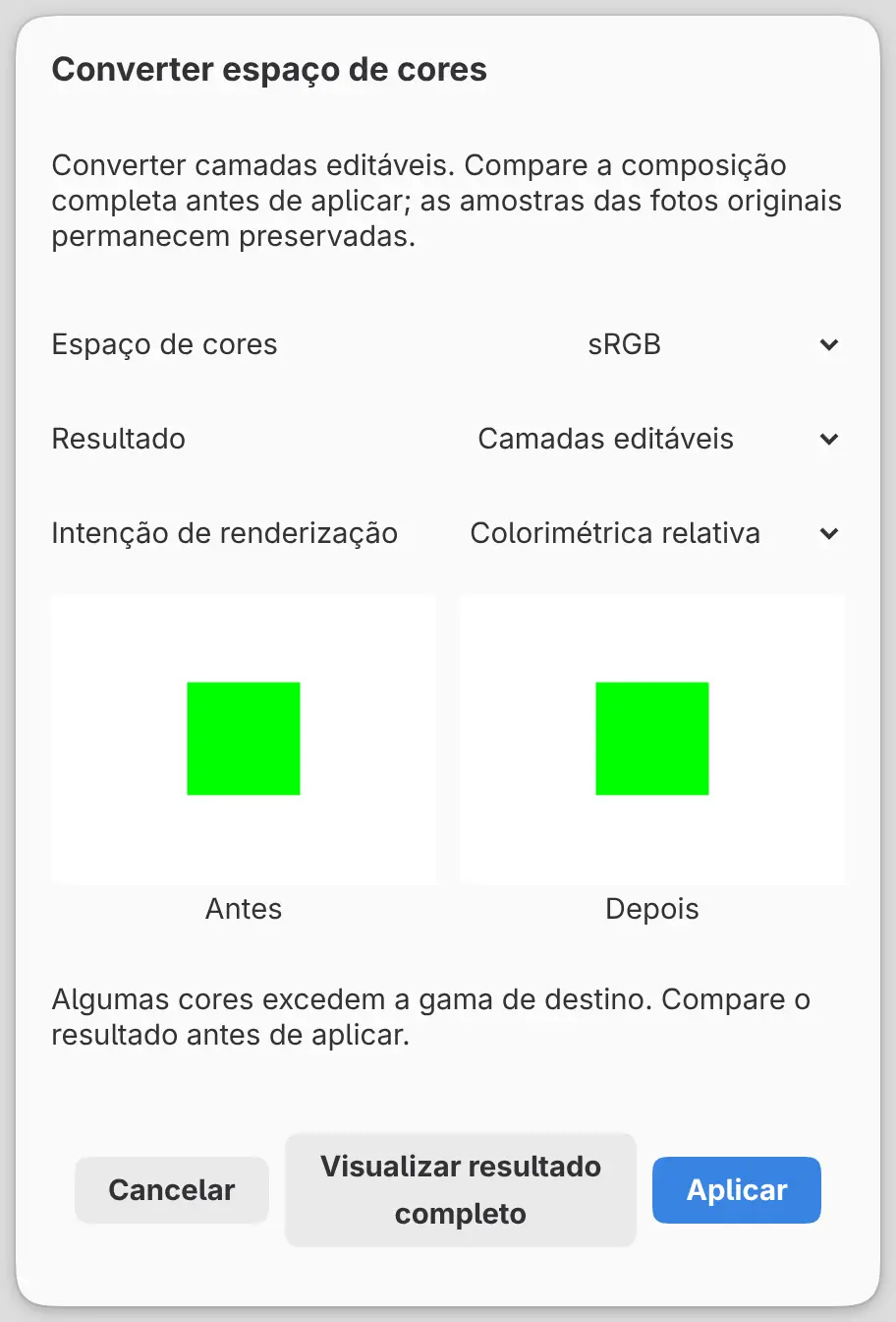 A caixa de diálogo Converter espaço de cores com a comparação Antes e Depois e a mensagem sobre a gama.